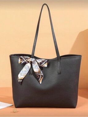 Classic Black Tote Bag with Decorative Scarf